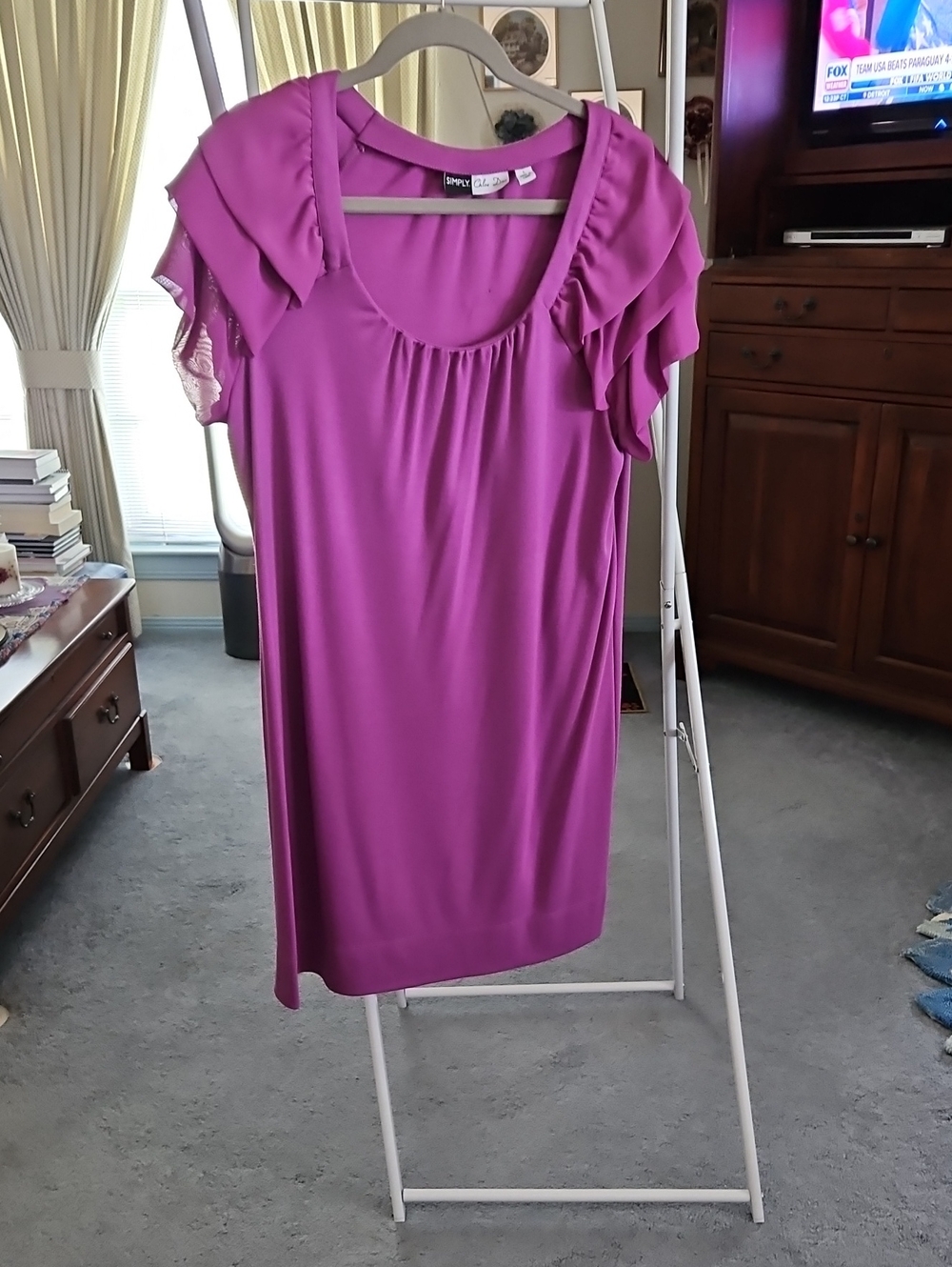 Chloe Dao Magenta Chiffon Ruffle Sleeve Scoop Neck Dress